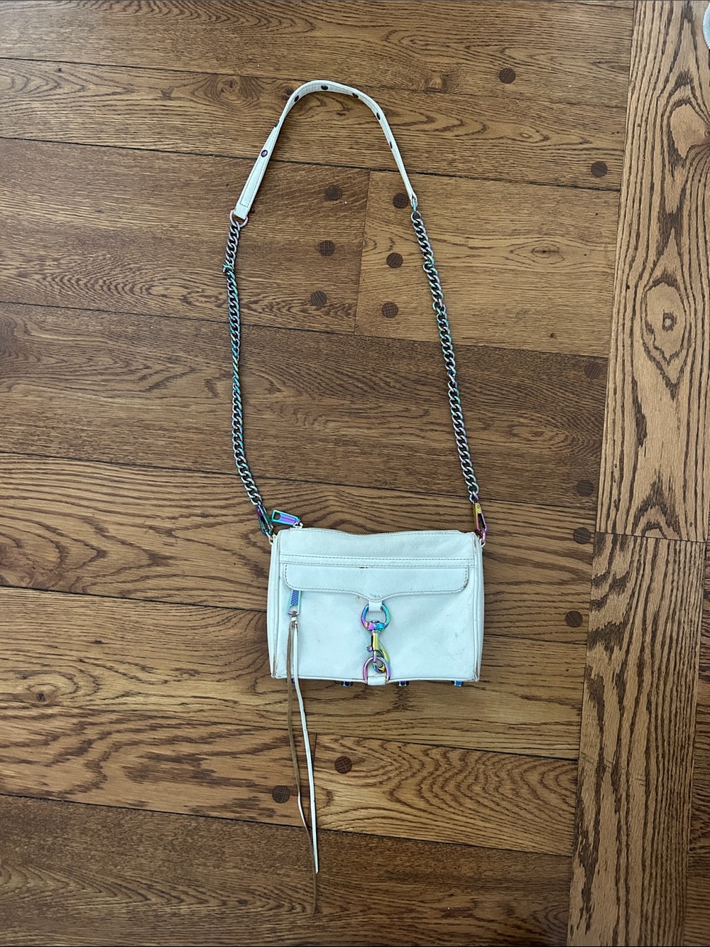 Rebecca Minkoff White Leather Crossbody with Chain Strap and Iridescent Hardware